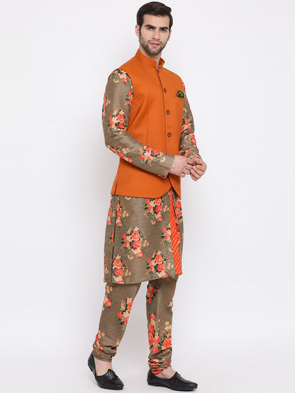 Men's Orange Twill Jacket, Printed Kurta and Pyjama Set