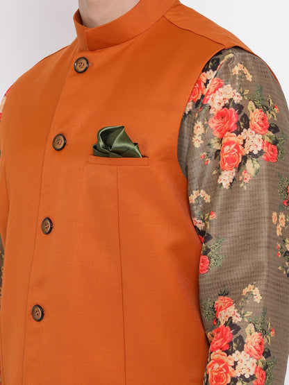 Men's Orange Twill Jacket, Printed Kurta and Pyjama Set