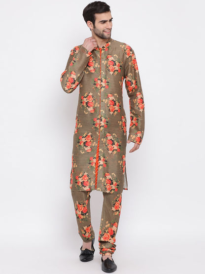 Men's Orange Twill Jacket, Printed Kurta and Pyjama Set