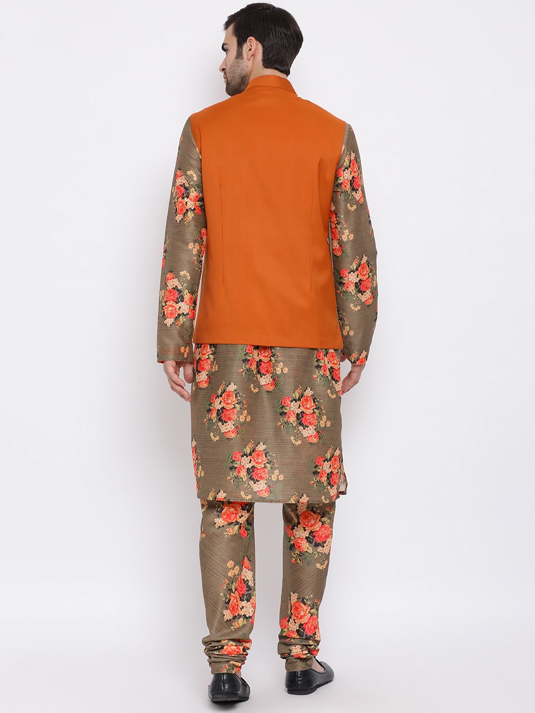 Men's Orange Twill Jacket, Printed Kurta and Pyjama Set