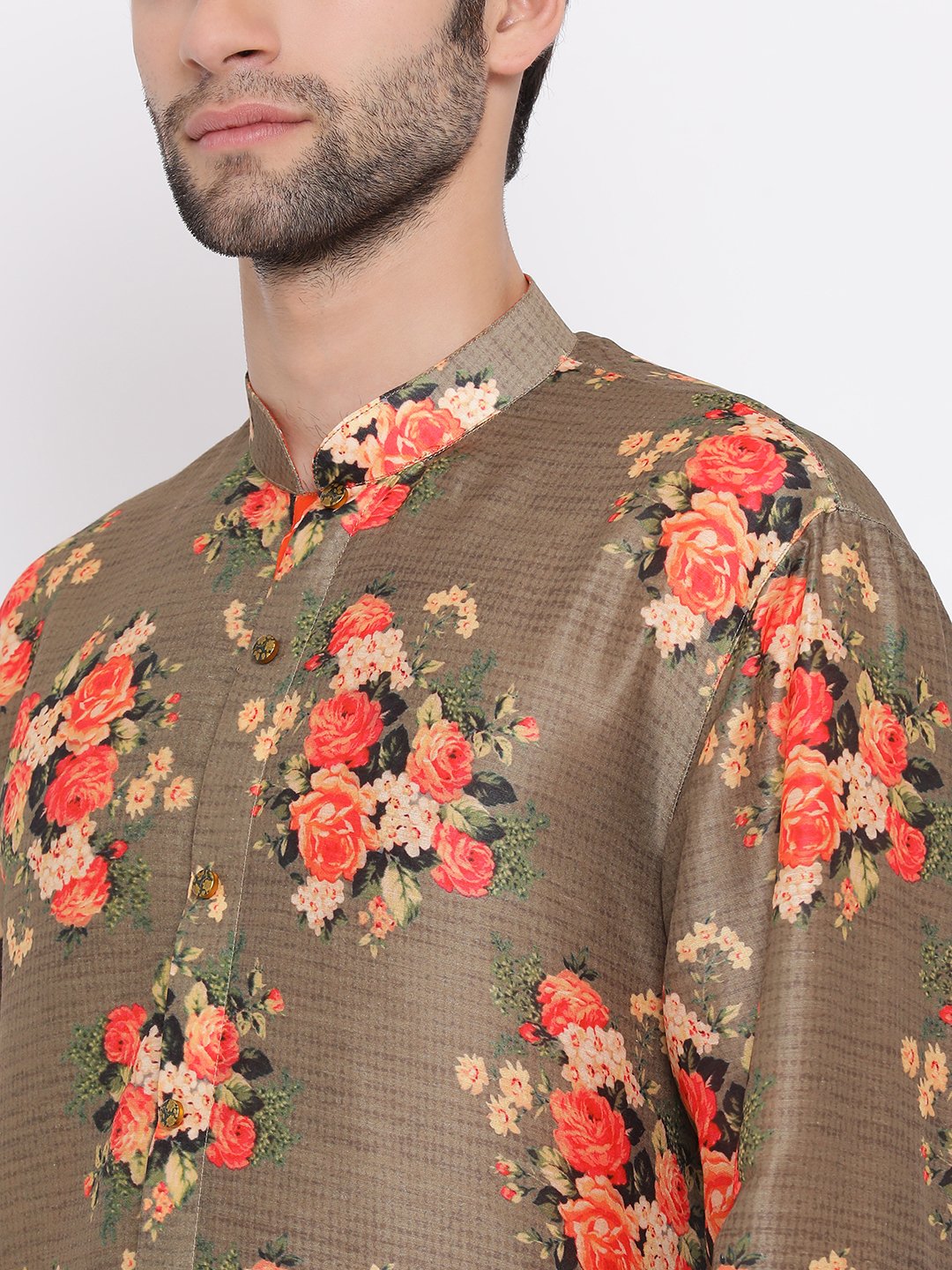 Men's Orange Twill Jacket, Printed Kurta and Pyjama Set