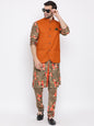 Men's Orange Twill Jacket, Printed Kurta and Pyjama Set