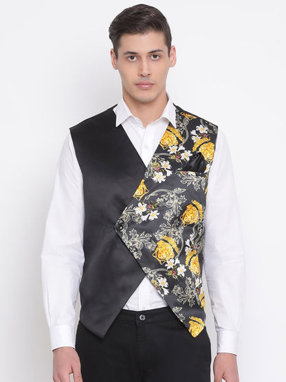 Men's Black Floral Printed Waistcoat Jacket