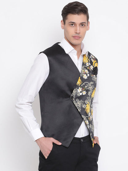 Men's Black Floral Printed Waistcoat Jacket