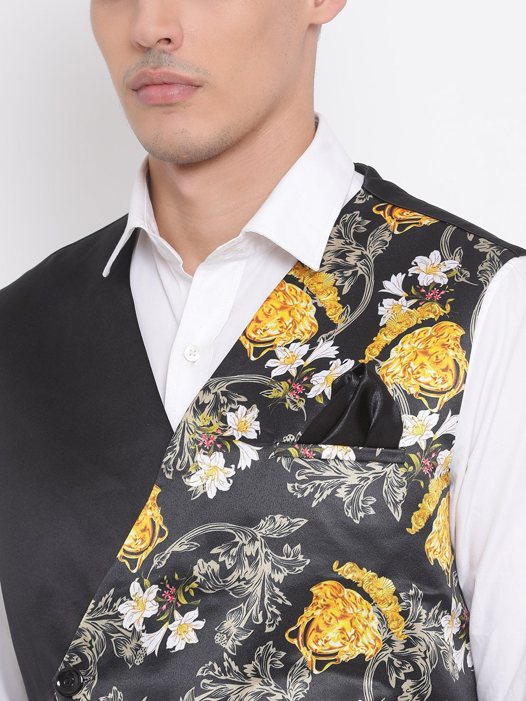 Men's Black Floral Printed Waistcoat Jacket