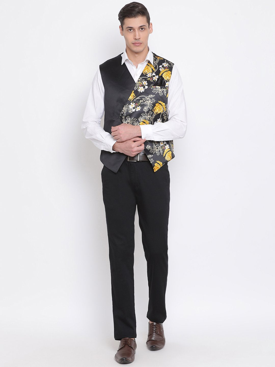 Men's Black Floral Printed Waistcoat Jacket