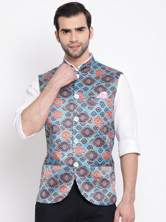 Men's Blue Digital Printed Royal Nehru Jacket