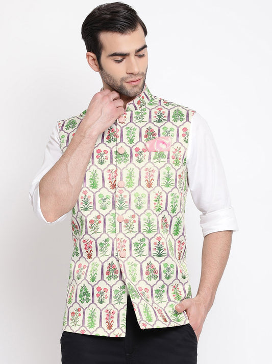 Men's Cream Digital Floral Printed Royal Nehru Jacket