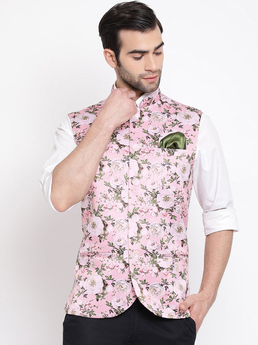 Men's Pink Digital Floral Printed Royal Nehru Jacket