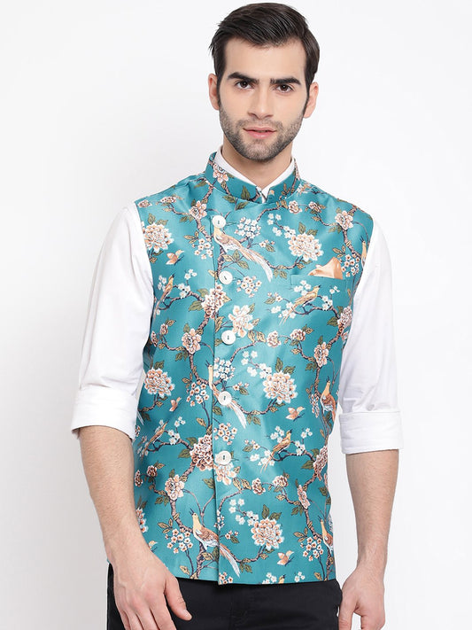 Men's Turquoise Digital Printed Royal Angrakha Nehru Jacket