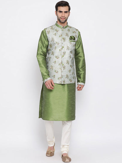 Men's Green Floral Jacquard Jacket With Silk Kurta and Pyjama Set