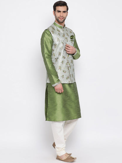 Men's Green Floral Jacquard Jacket With Silk Kurta and Pyjama Set