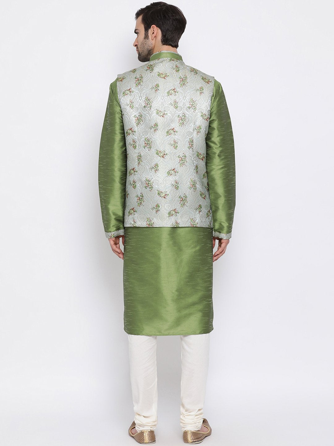 Men's Green Floral Jacquard Jacket With Silk Kurta and Pyjama Set