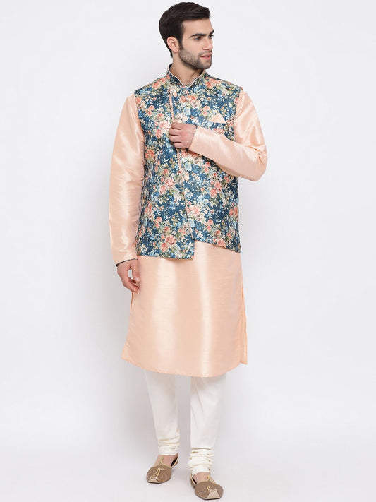 Men's Peach Floral Jacquard Jacket With Silk Kurta and Pyjama Set