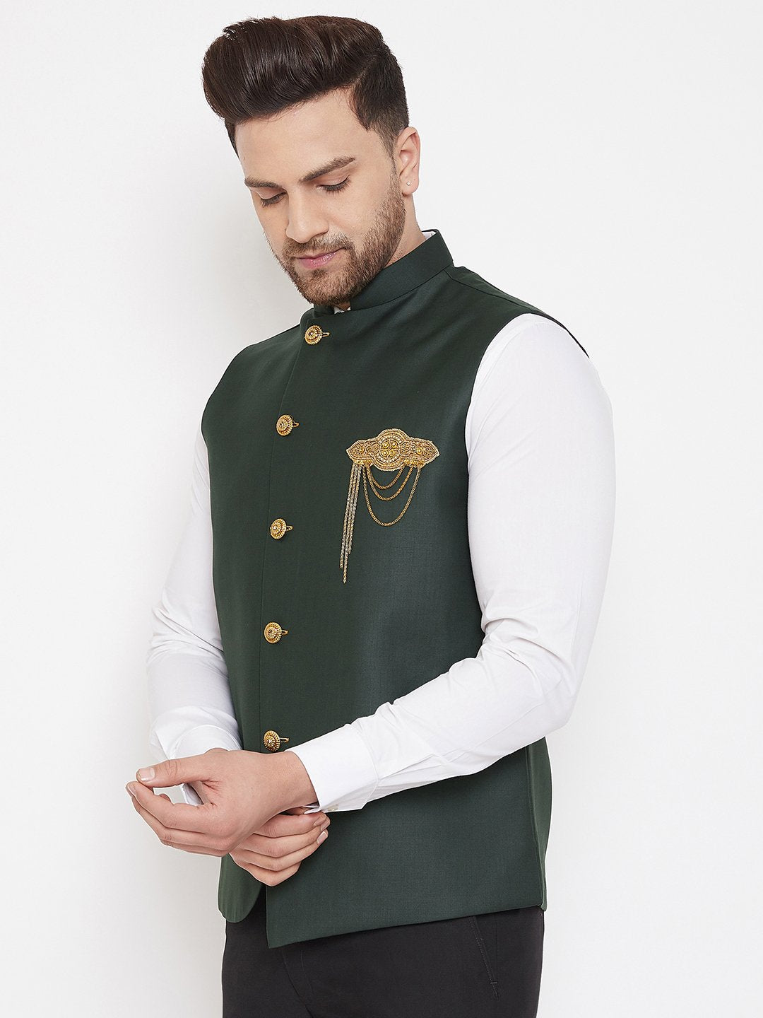 Men's Bottle Green Solid Embellished Zardozi Nehru Jacket