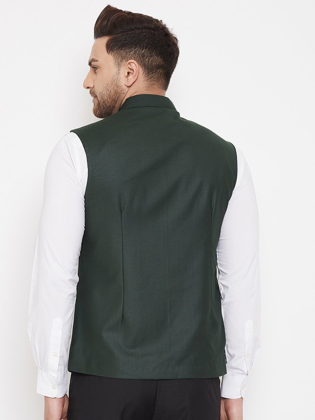 Men's Bottle Green Solid Embellished Zardozi Nehru Jacket