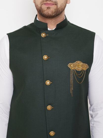 Men's Bottle Green Solid Embellished Zardozi Nehru Jacket