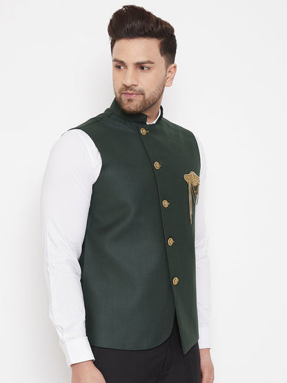 Men's Bottle Green Solid Embellished Zardozi Nehru Jacket