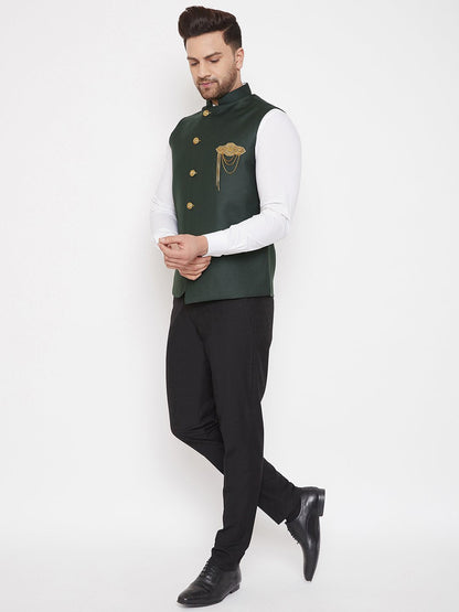 Men's Bottle Green Solid Embellished Zardozi Nehru Jacket