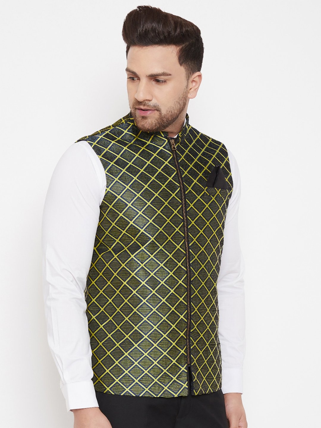 Men's Green Jute Cotton Zipper Nehru Jacket