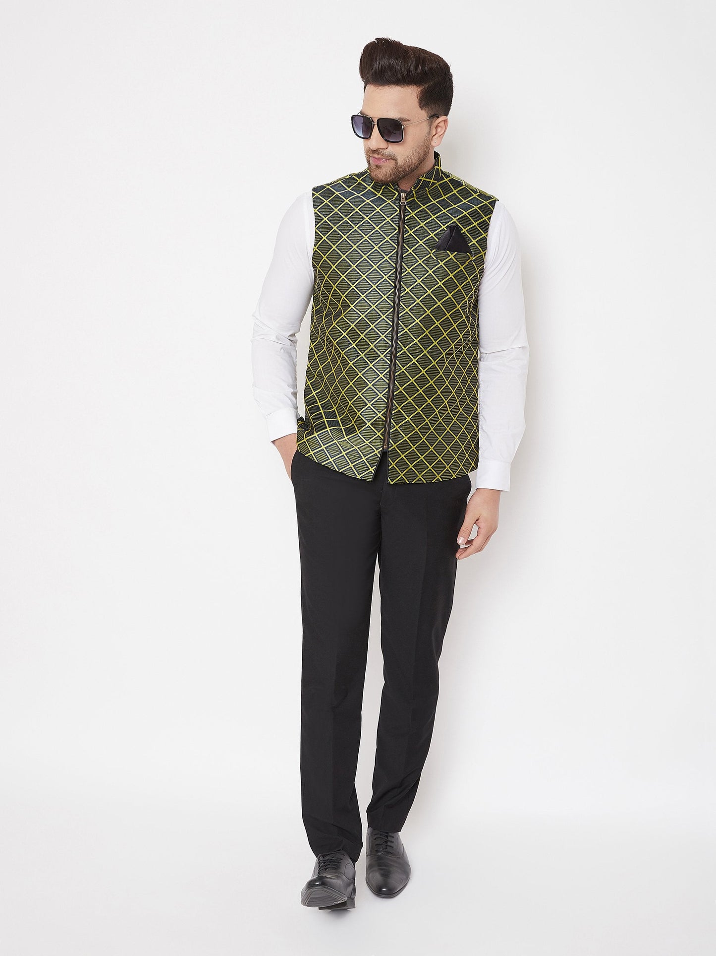 Men's Green Jute Cotton Zipper Nehru Jacket