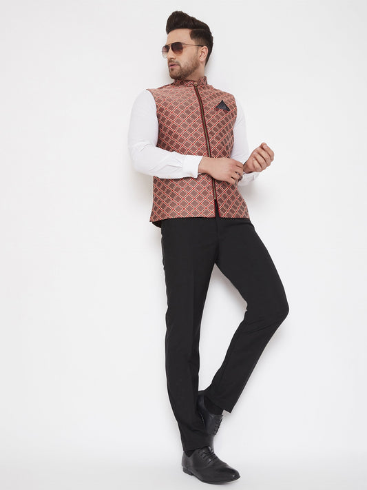 Men's Red Jute Cotton Zipper Nehru Jacket