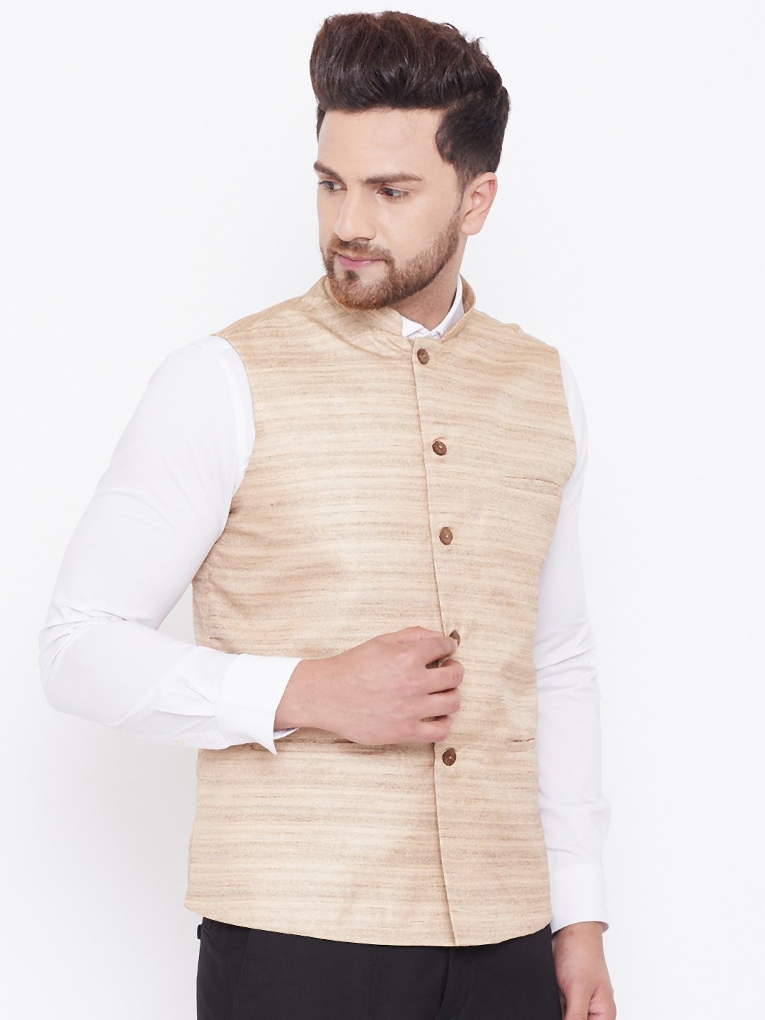 Men's Beige Silk Blend Nehru Jacket