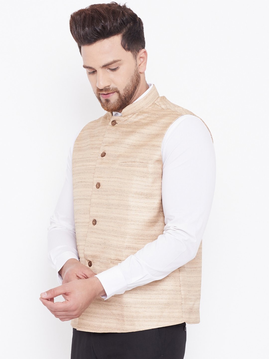 Men's Beige Silk Blend Nehru Jacket