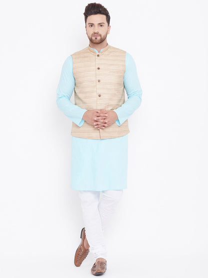 Men's Beige, Aqua And White Cotton Blend Jacket, Kurta and Pyjama Set