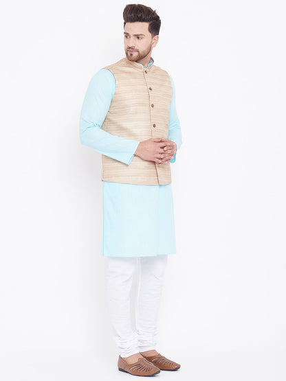 Men's Beige, Aqua And White Cotton Blend Jacket, Kurta and Pyjama Set