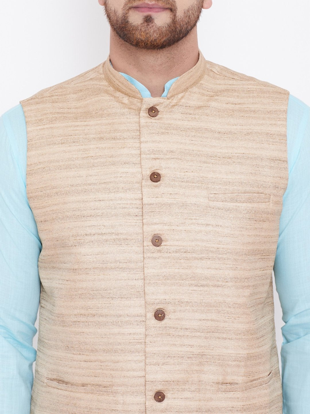 Men's Beige, Aqua And White Cotton Blend Jacket, Kurta and Pyjama Set