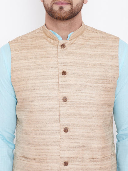 Men's Beige, Aqua And White Cotton Blend Jacket, Kurta and Pyjama Set