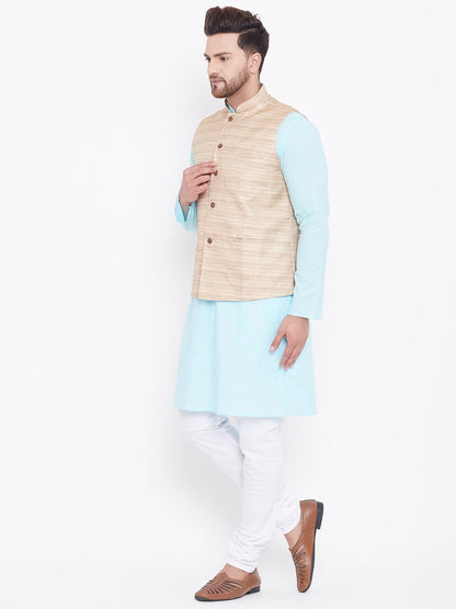 Men's Beige, Aqua And White Cotton Blend Jacket, Kurta and Pyjama Set