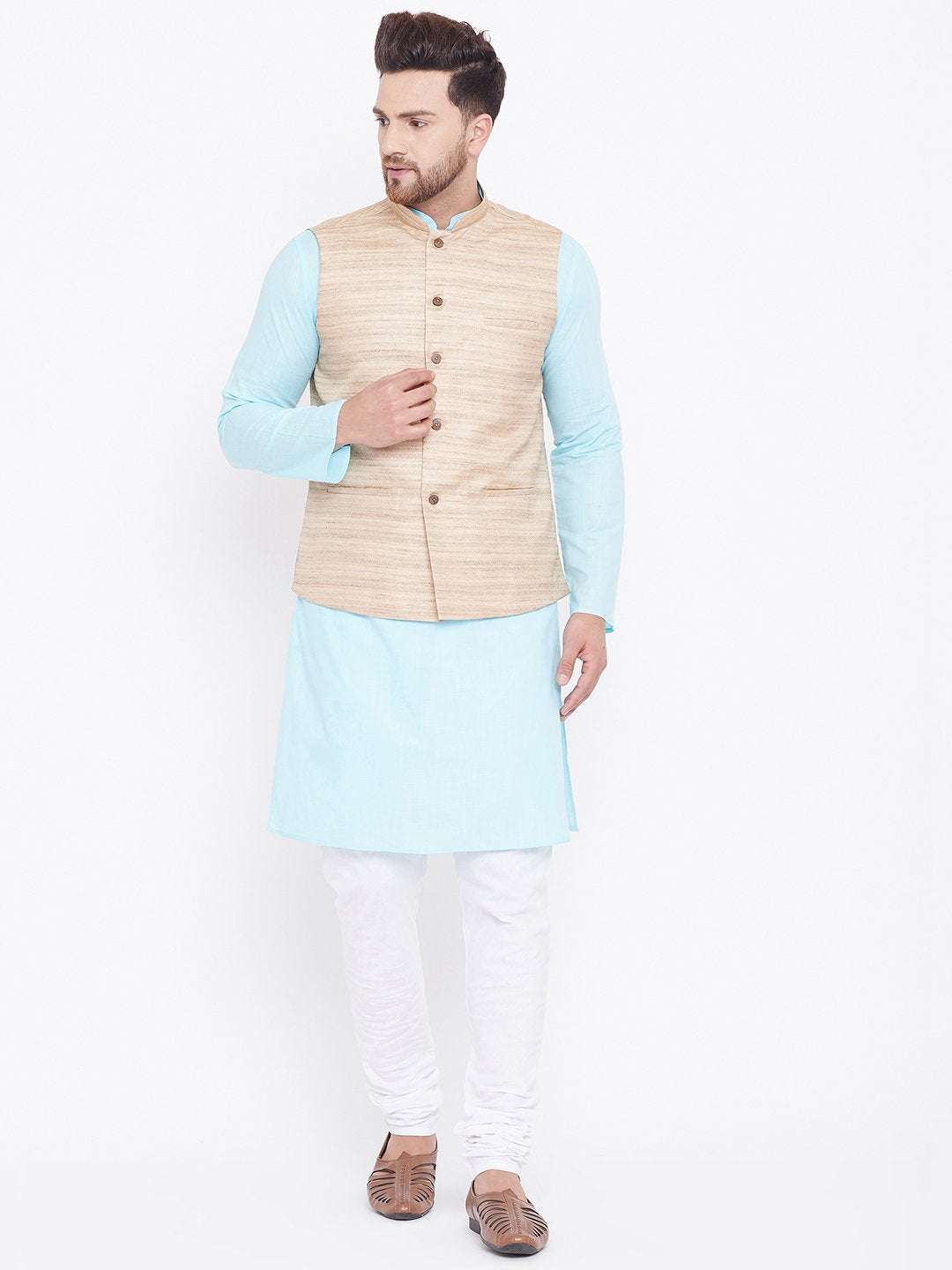 Men's Beige, Aqua And White Cotton Blend Jacket, Kurta and Pyjama Set