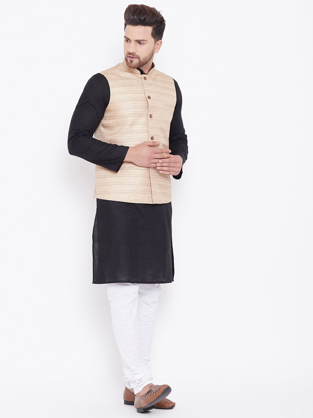 Men's Beige, Black And White Cotton Blend Jacket, Kurta and Pyjama Set