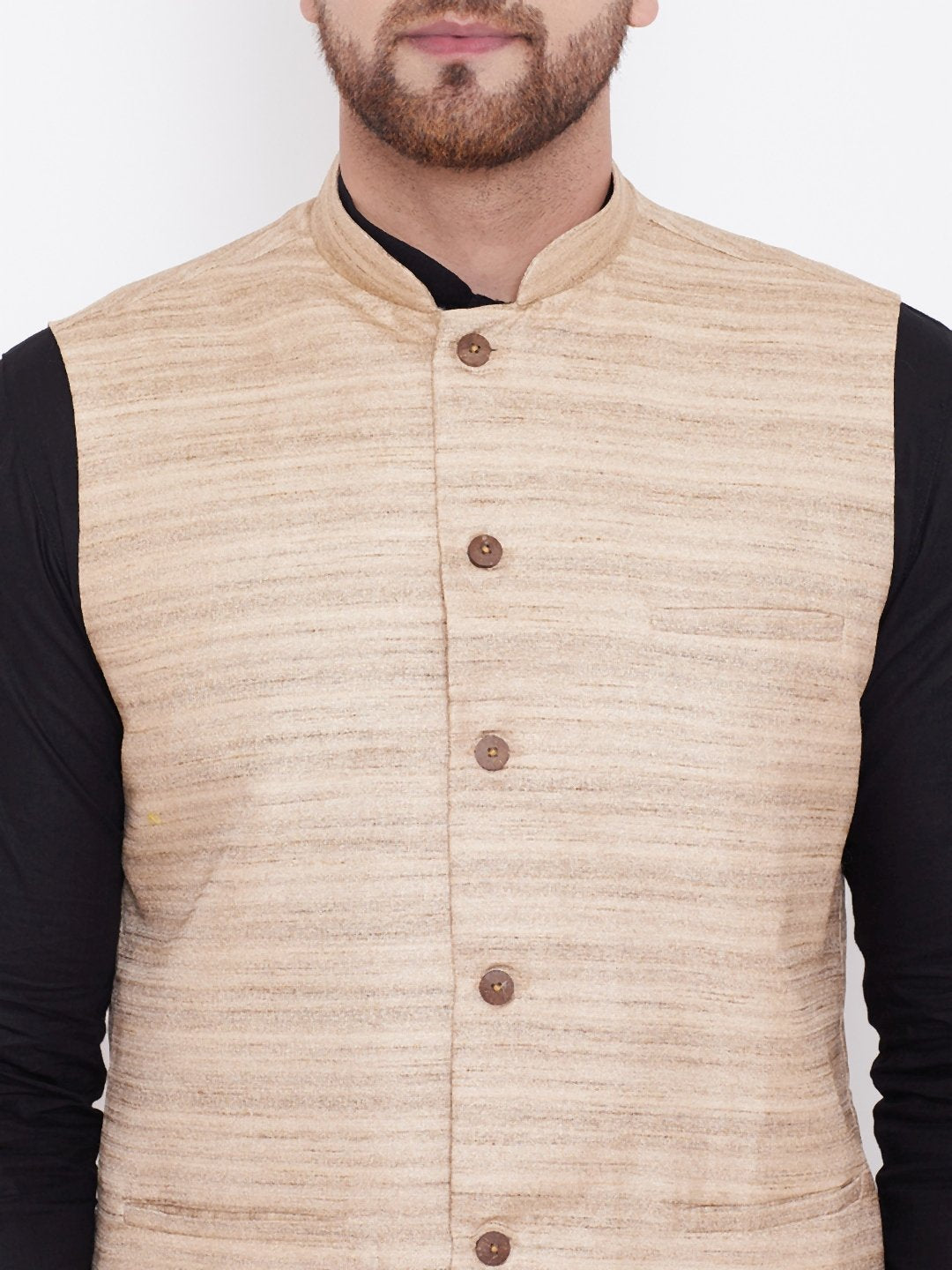 Men's Beige, Black And White Cotton Blend Jacket, Kurta and Pyjama Set