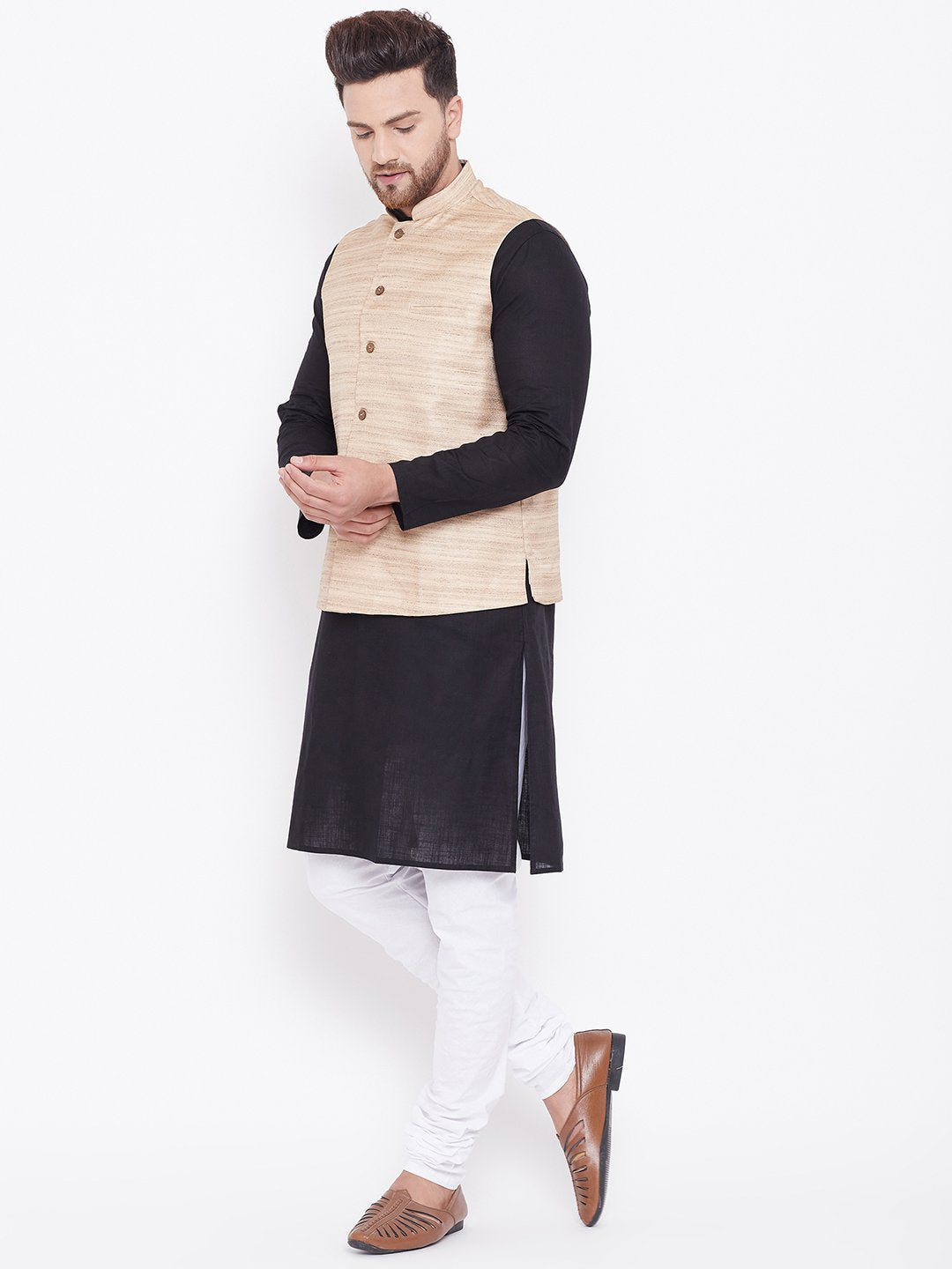 Men's Beige, Black And White Cotton Blend Jacket, Kurta and Pyjama Set