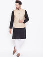 Men's Beige, Black And White Cotton Blend Jacket, Kurta and Pyjama Set