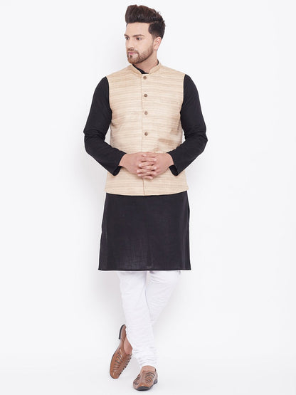 Men's Beige, Black And White Cotton Blend Jacket, Kurta and Pyjama Set