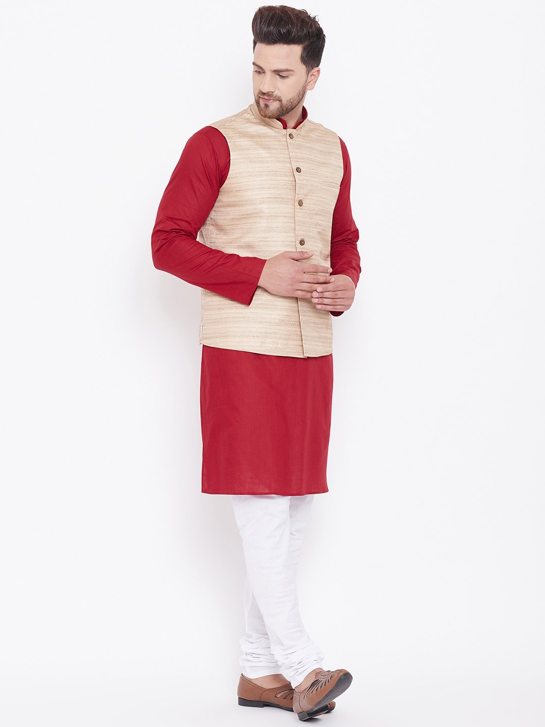 Men's Beige, Maroon And White Cotton Blend Jacket, Kurta and Pyjama Set