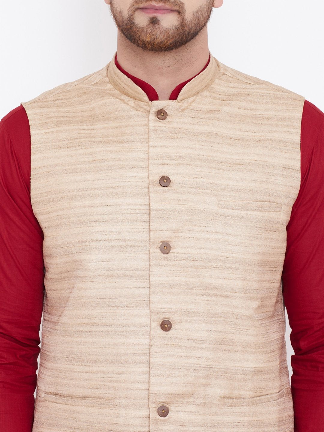 Men's Beige, Maroon And White Cotton Blend Jacket, Kurta and Pyjama Set