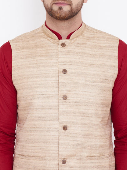 Men's Beige, Maroon And White Cotton Blend Jacket, Kurta and Pyjama Set