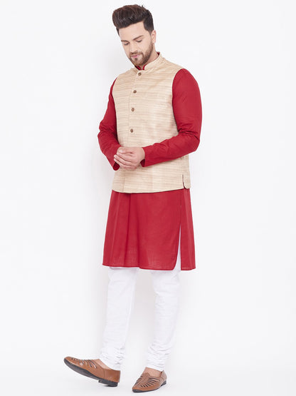 Men's Beige, Maroon And White Cotton Blend Jacket, Kurta and Pyjama Set