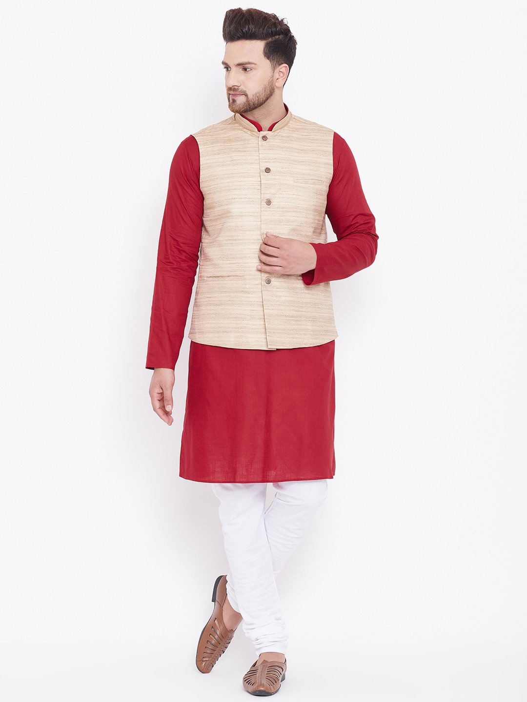 Men's Beige, Maroon And White Cotton Blend Jacket, Kurta and Pyjama Set