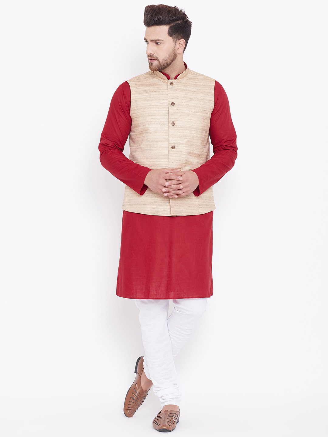 Men's Beige, Maroon And White Cotton Blend Jacket, Kurta and Pyjama Set