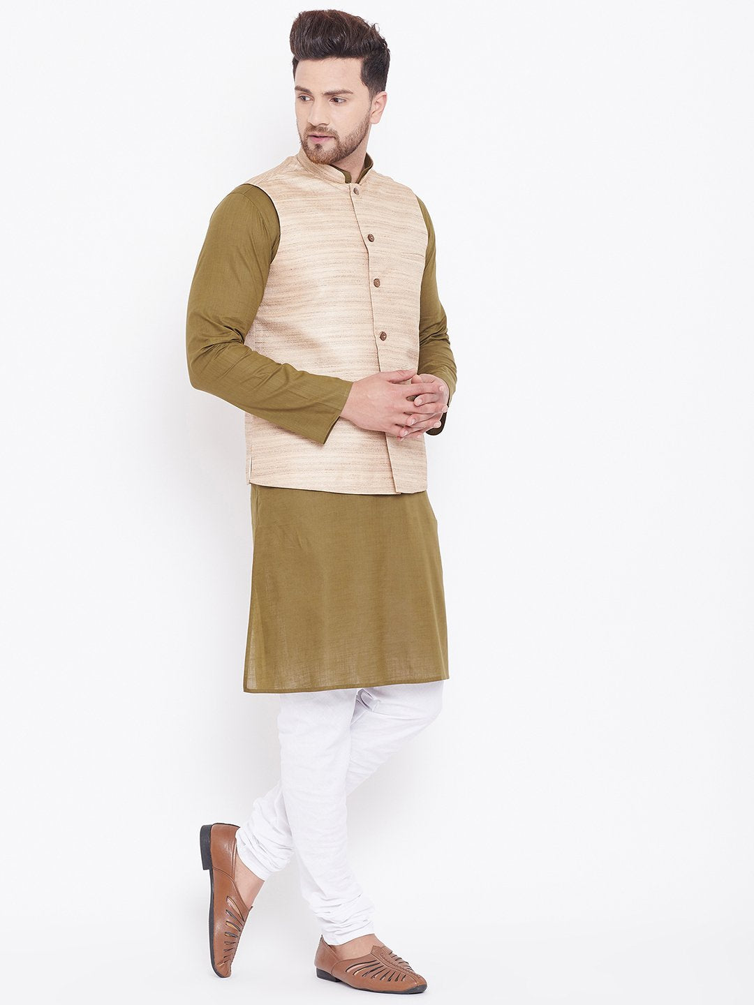 Men's Beige, Mehendi Green And White Cotton Blend Jacket, Kurta and Pyjama Set