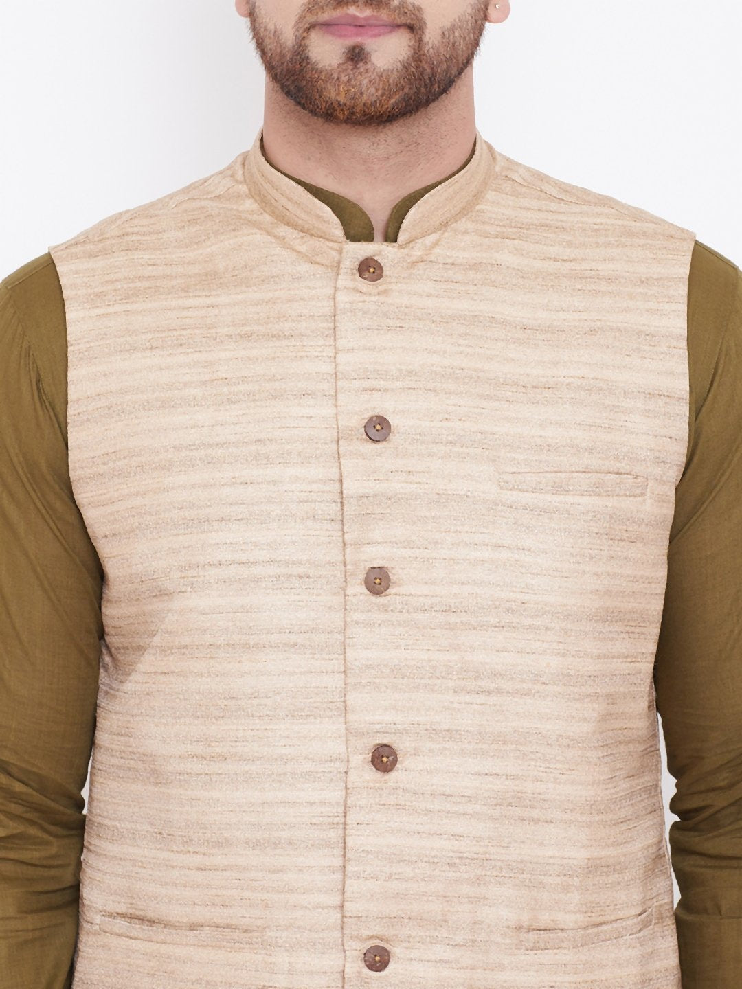 Men's Beige, Mehendi Green And White Cotton Blend Jacket, Kurta and Pyjama Set