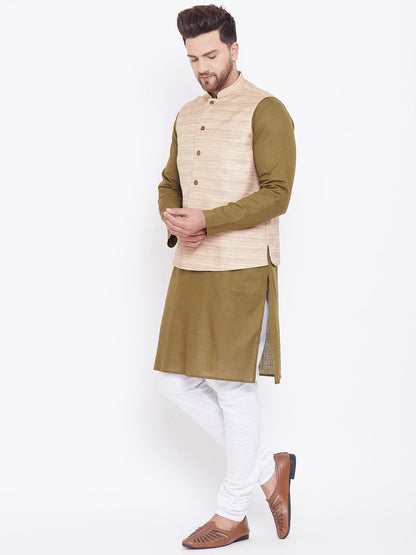 Men's Beige, Mehendi Green And White Cotton Blend Jacket, Kurta and Pyjama Set