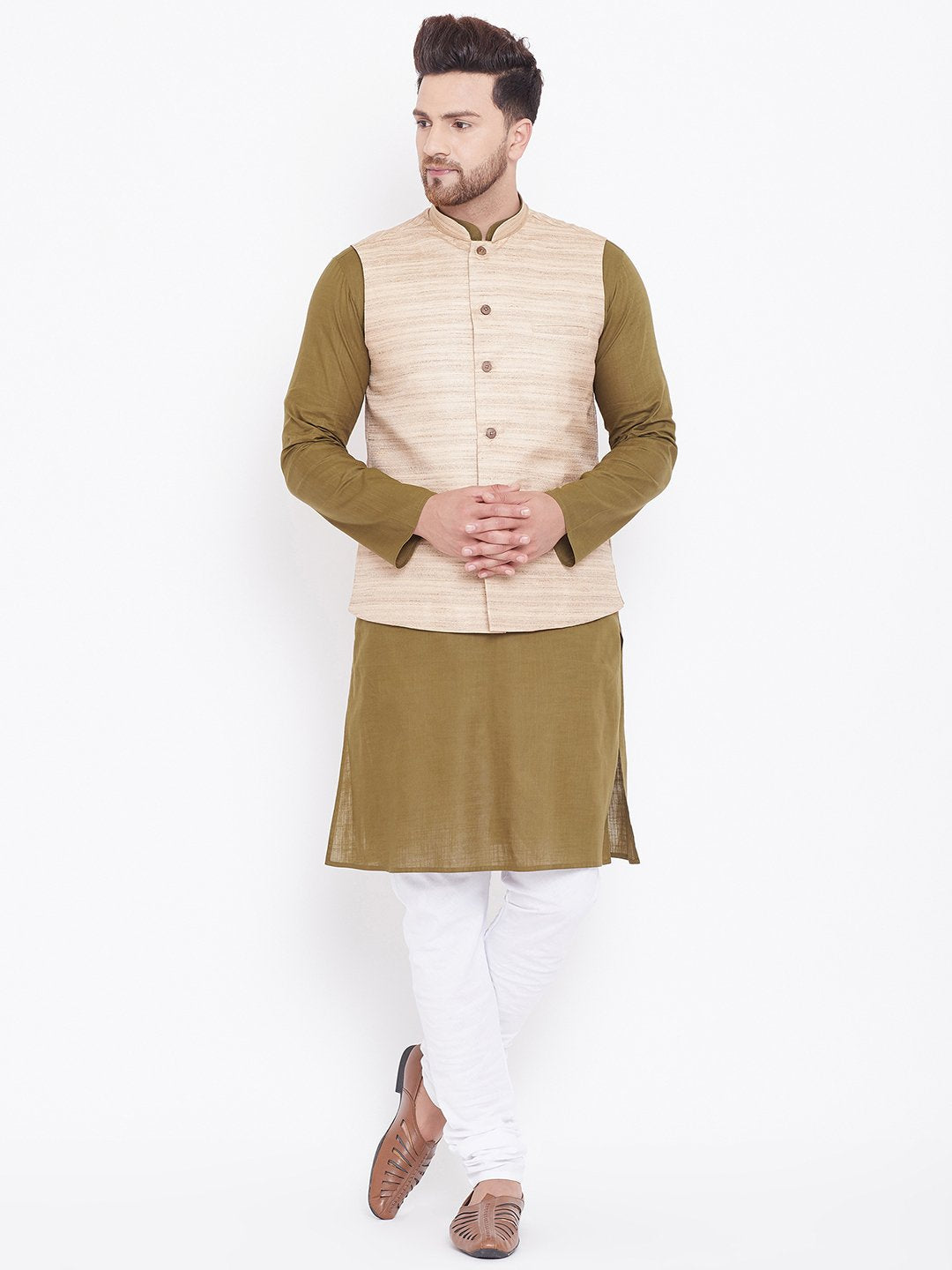 Men's Beige, Mehendi Green And White Cotton Blend Jacket, Kurta and Pyjama Set