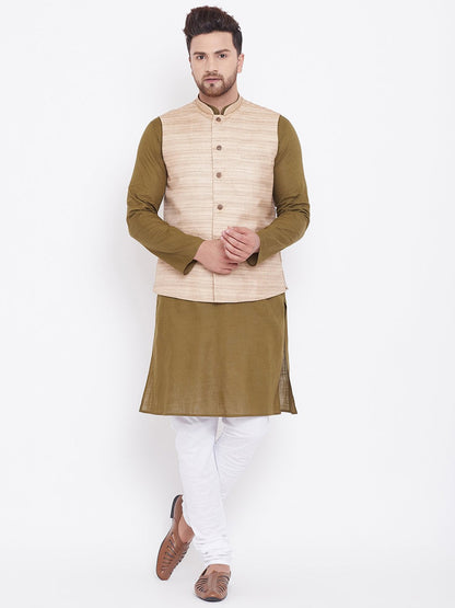 Men's Beige, Mehendi Green And White Cotton Blend Jacket, Kurta and Pyjama Set